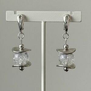 Modern Abstract Cracked Quartz Silver Disk Pierced Earrings